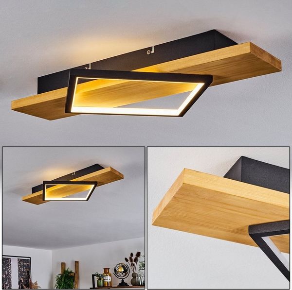 hofstein Deckenleuchte »Palermo« Deckenlampe aus Metall/Holz/Kunststoff in Schwarz/Natur/Weiß, 3000 Kelvin, eckige Leuchte mit Balken aus Echtholz, LED 22, 5 Watt, 2800 Lumen