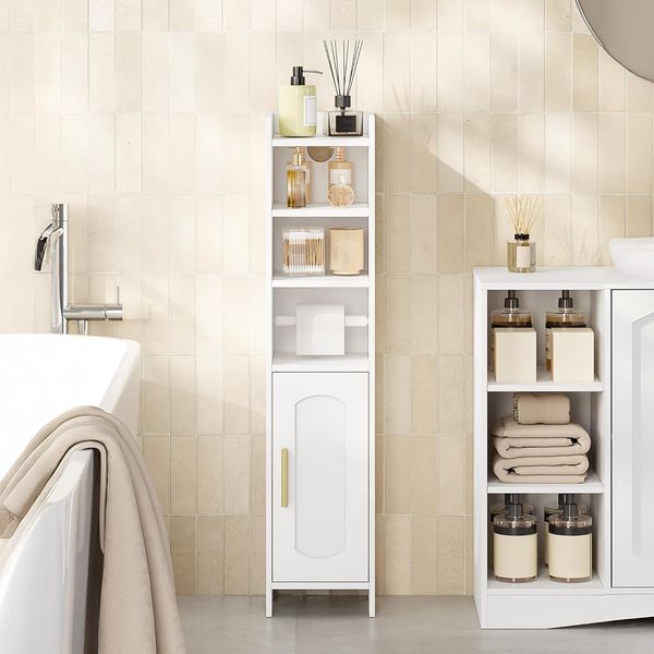 Badezimmerschrank, Toilettenrollenhalter, Toilettenschrank mit Türen, Badschrank, Schmaler Badregal, Verstellbare Ablagen, Moderner, für Badezimmer, Wohnzimmer, 20 × 20 × 90 cm, Weiß
