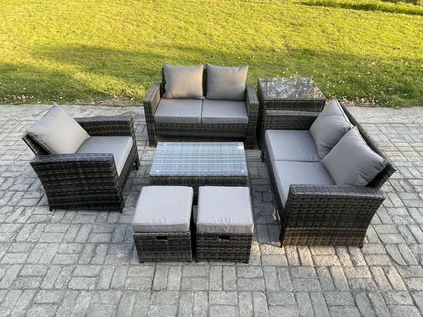 Fimous Polyrattan Gartenmöbel Set 7-Sitzer Garten Sofa Stuhl set mit Beistelltische Rechteckig Couchtisch 2 Kleiner Fußhocker Dunkelgrau Gemischt