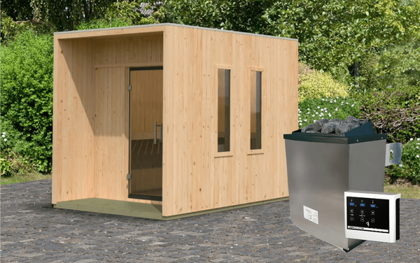 Karibu Saunahaus Laguna mit 9kW Ofen in zwei Farben erhältlich naturbelassen