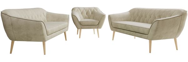Wohnzimmerset, Möbelset PIRS 3-3-1, Armlehnen, Wellenfederung, Buche Füße, Dreisitzer Sofas mit Sessel, Polstermöbel Set - Beige Velvet Bild 6