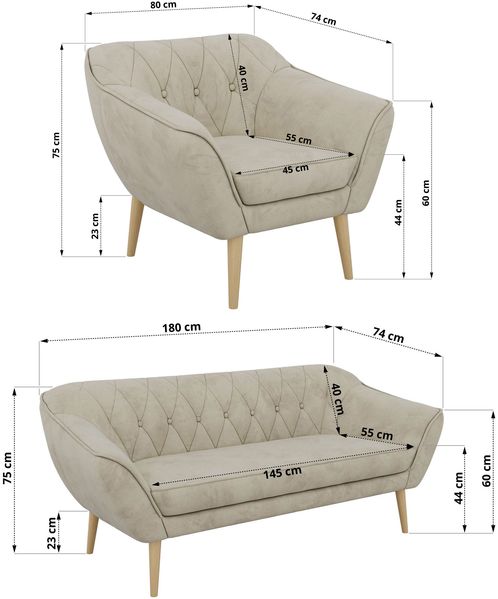 Wohnzimmerset, Möbelset PIRS 3-3-1, Armlehnen, Wellenfederung, Buche Füße, Dreisitzer Sofas mit Sessel, Polstermöbel Set - Beige Velvet Bild 5