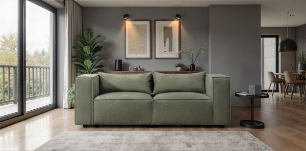 Sofa Designersofa NEVIO 2-Sitzer in Stoff Lincoln Moosgrün