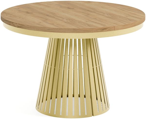 MEBLINI Esstisch Rund Ausziehbar aus Metall - 120-196x76 cm - CONEY - Craft Eiche/Golden - Loft - Esszimmertisch Modern - Küchentisch - Ausziehtisch - Round Dining Table