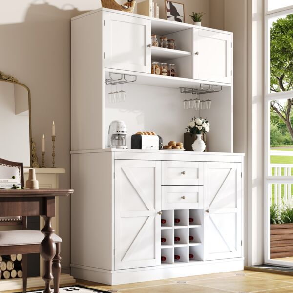 Multifunktionales Küchenbuffet 120x40x188cm mit Schubladen, Weinregal, 3D-Türen & Kippschutz,Weiß