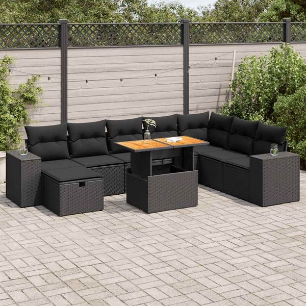 vidaXL 9-tlg. Garten-Sofagarnitur mit Kissen Schwarz Poly Rattan 3328098