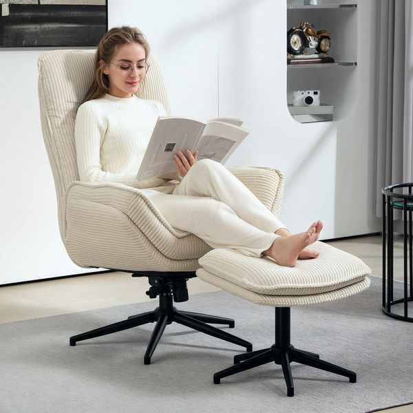 HOMCOM Relaxsessel mit Hocker 360°Drehbarer Fernsehsessel mit Liegefunktion Cord-Optik (TV-Sessel, 1-St, Ruhesessel), für Wohnzimmer, Schlafzimmer, Beige