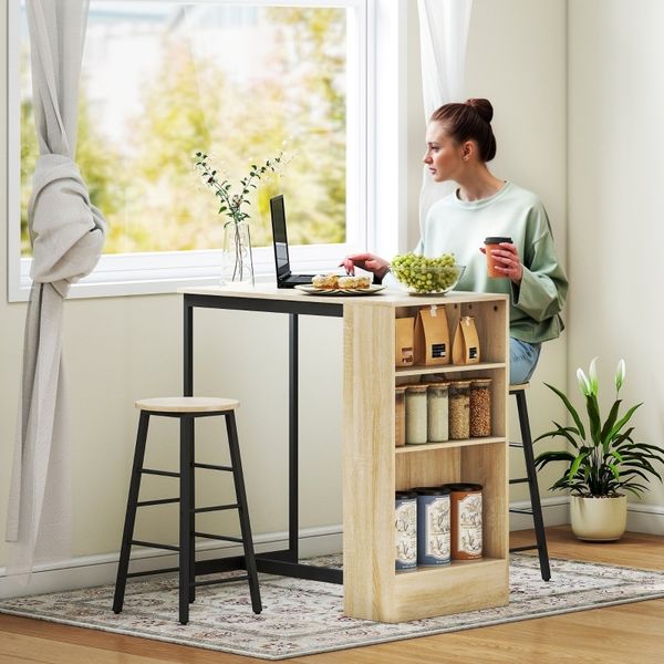 Bartisch Set 3-teilig mit Hockern – Küchentheke, Hochtisch, Frühstückstisch, Stauraum, industriell, Eichenoptik, schwarz