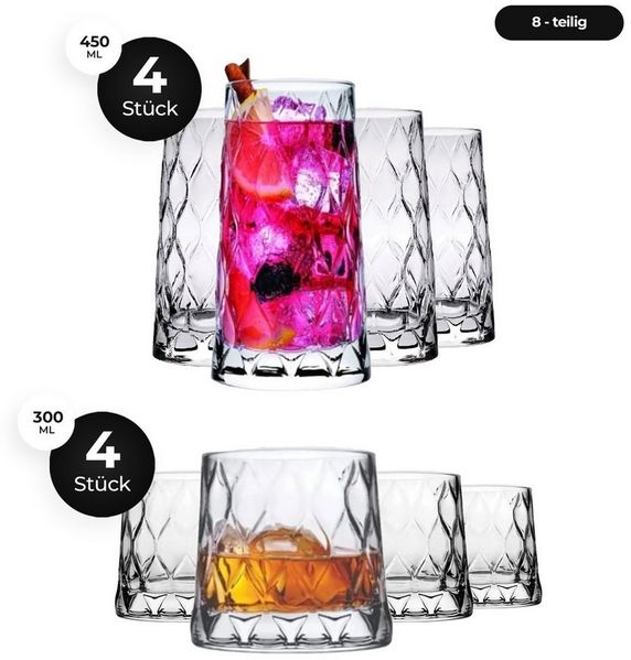 Pasabahce Gläser-Set Leafy Gläser Set – 4x Longdrinkgläser + 4x Whiskyglas, 8-tlg, Glas, 8-tlg. Set, zwei unterschiedliche Größen in einem Set