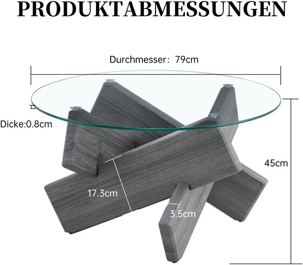Couchtisch 79x79x45 cm, MDF & Glas mit kreativer Kreuz-Stütze, graue Textur Bild 4