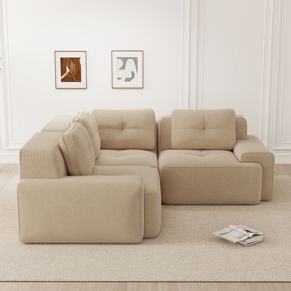 Ecksofa Beige aus Cord, modular, Sitztiefe 74 cm, hochdichter 32D-Schaum, rutschfester Standfuß,69x177x104 cm