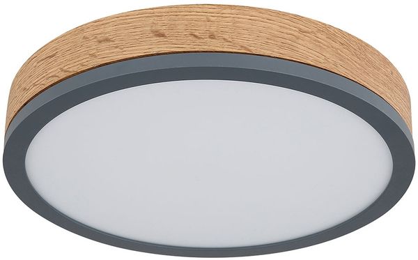 LED Deckenleuchte, Holzoptik, Metall Graphit, D 30 cm