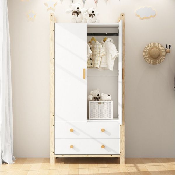MODFU Kleiderschrank mit Schubladen und Kleiderstange (Flurgarderobe, Highboard, 1-St, mit Kleiderstange, 2 Schubladen) 2-türiger Lagerschrank