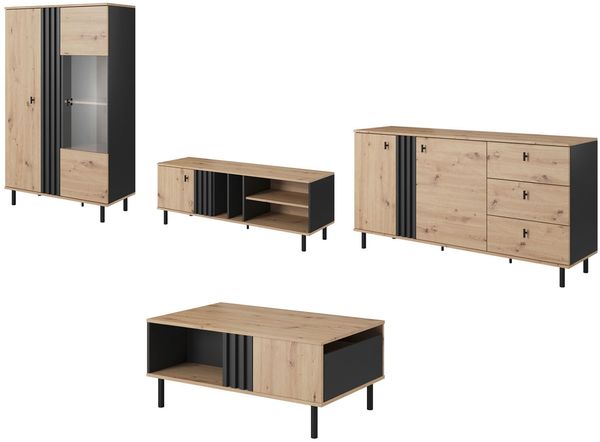 Wohnzimmer-Set Maidstone Wohnwand 4-teilig Sand Grange Eiche anthrazit