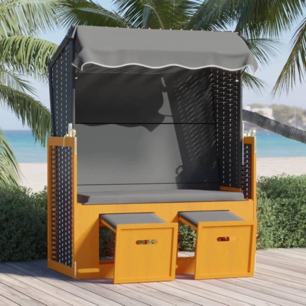 vidaXL Strandkorb mit Dach Poly Rattan & Massivholz Schwarz Anthrazit 318658