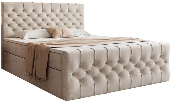 Goldstoff Boxspringbett TAURIEL mit Federkernmatratze & Topper, zwei Bettkästen (von 120 bis 200x200 cm), modernes Doppelbett aus Velvet Stoff mit edlem Kopfteil