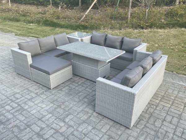 Fimous Rattan Gartenmöbel Set mit Sofa; Höhe verstellbar Esstisch und Hocker;Beistelltisch;Outdoor Terrassen Essgruppe 6-teilige Sitzgruppe Helles Grau