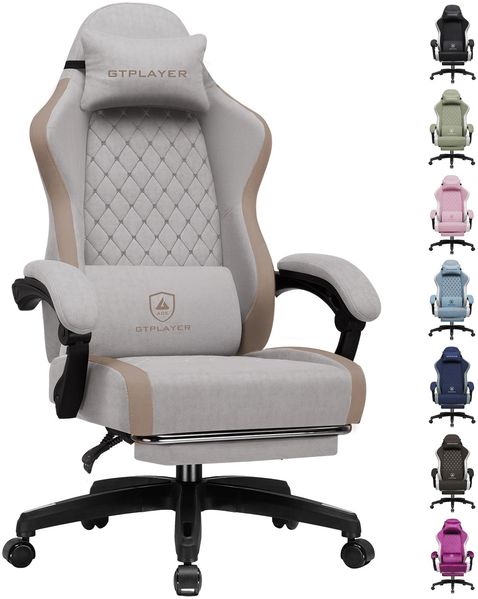 GTPLAYER Gaming Stuhl Ergonomischer, PC Stuhl Atmungsaktiver Stoff, Groß und Hoch Drehbarer Schreibtischstuhl mit Fußstütze,Verstellbare Lendenwirbelstütze und Kopfstütze,Hellbraun