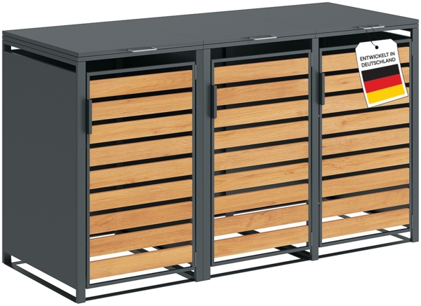 STEELSØN 'Kestra' Mülltonnenbox für 3 Tonnen je 240 Liter, anthrazit mit Holzoptik, Mülltonnenverkleidung aus Stahl, wetterfest, 116x80x203 cm
