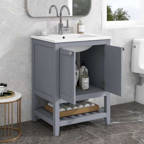 Badezimmerschrank mit Waschbecken, modernes Badmöbel Set, Hochglanz-Keramikbecken, kratzfest und hitzebeständig, pflegeleicht,Weiß & Grau