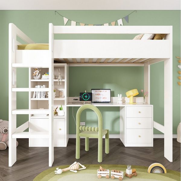Merax Hochbett (1-St) Kinderbett 90x200 mit Schreibtisch, Kleiderschrank & USB-C, Massivholz