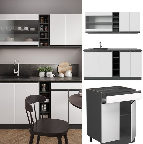 Singleküche R-Line Weiß/Anthrazit 160 cm J-Shape, AP Marmor Vicco Bild 2
