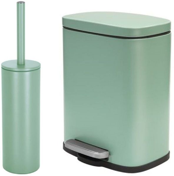 spirella Badaccessoires-Sets AKIRA, Badezimmer Zubehör-Set, 2-tlg, bestehend aus Kosmetikeimer 5L Treteimer mit SoftClose Absenkautomatik und WC Garnitur mit hygienischem Innenbehälter und Deckel, Stahl matt-satiniert, angesagte Trendfarben, grün, Komb...
