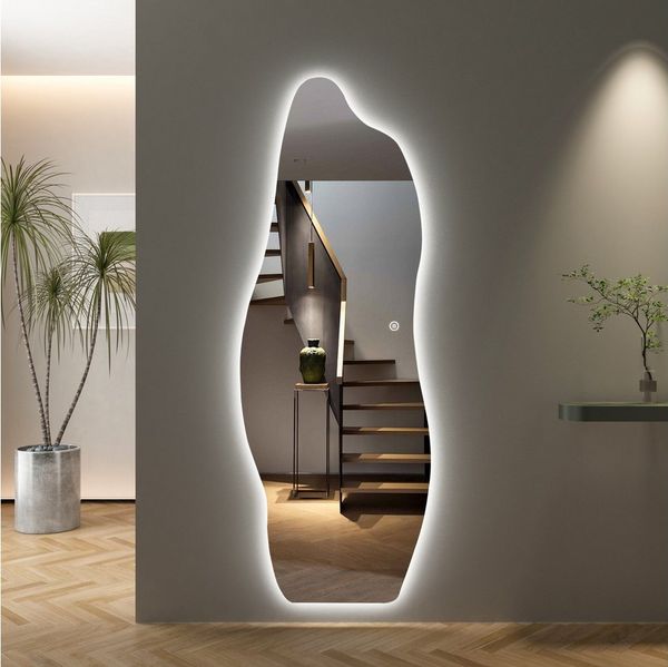 WDWRITTI Ganzkörperspiegel Rahmenlos LED Ganzkörperspiegel Wandspiegel groß asymmetrisch (Flurspiegel Modern mit 3Lichtfarben, Dimmbar, Speicherfunktion, 165x60cm), für Wohnzimmer Schlafzimmer Garderobe Flur Friseurladen
