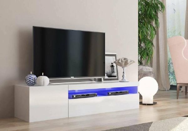 Dmora - TV-Schrank Roberto, niedriges Wohnzimmer-Sideboard mit 2 Türen, Fernsehständer-Basis, 100 % Made in Italy, 150 x 40 x 37 cm, glänzend weiß, mit LED-Licht