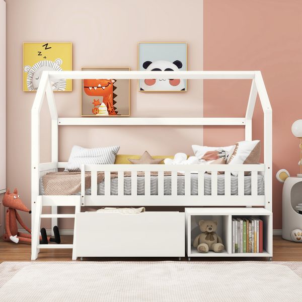 Kinderbett Hausform 90x200 cm aus Kiefernholz mit Rausfallschutz, Stauraum und kleiner Treppe im Baumhausstil,Beige