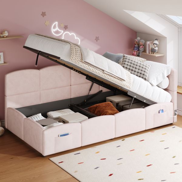 Polsterbett Samt mit Stauraum & USB-Anschluss, 90x200 cm, Rosa, ohne Matratze