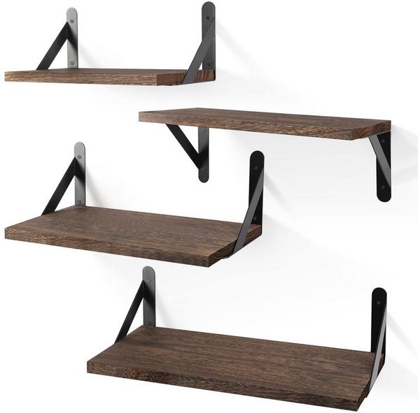 OKWISH Wandregal 4er Set Wandregale Holz Schweberegal Bücherregal Hängeregal, 10kg Tragkraft 4 Größen kombinierbar Bücherregale Wand Regale 4-tlg, Massivholz Regale Küche Wohnzimmer Schlafzimmer Pflanzen CDs Deko usw