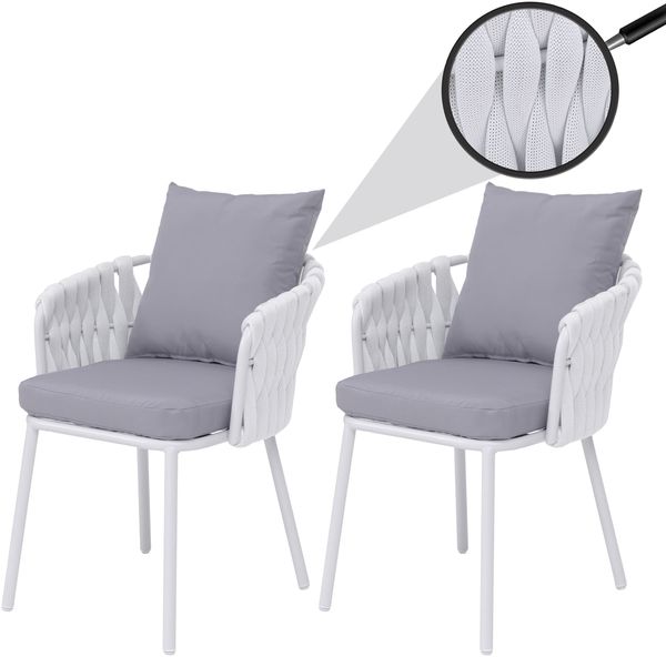 2er-Set Aluminium-Gartenstuhl HWC-P89, Gartensessel Outdoor Stuhl, Stoff/Textil (180 g/m²) Seilgeflecht Rope ~ hellgrau