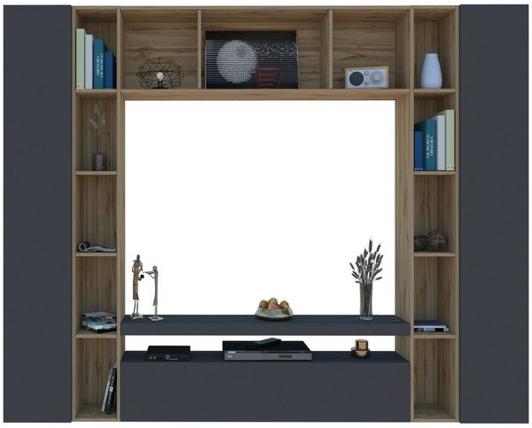 Dmora Ausgestattete Wand Austis, 3-türiges TV-Ständer-Wohnzimmerset, Mehrzweck-Wohnzimmermöbel, 100 % Made in Italy, 270 x 35 x 210 cm, Anthrazit und Eiche, Bild 6