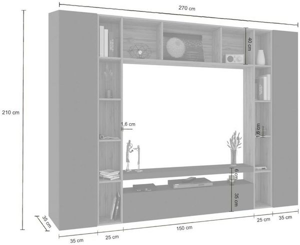 Dmora Ausgestattete Wand Austis, 3-türiges TV-Ständer-Wohnzimmerset, Mehrzweck-Wohnzimmermöbel, 100 % Made in Italy, 270 x 35 x 210 cm, Anthrazit und Eiche, Bild 3