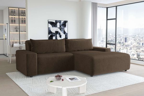 99rooms Tivoli Ecksofa Cordstoff POSO Braun Rechts mit Kissen