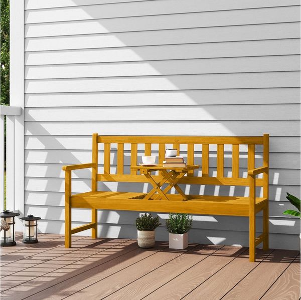 Outsunny Bank mit Rücken- & Armlehnen, Klappbarer Tisch (2-Sitzer Gartenbank aus Holz, 1-St, wetterfest Sitzbank), 160kg belastbar, für Balkon, Garten, 149x56,5x89cm, Teak