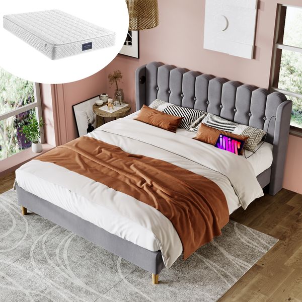 Polsterbett 140x200 cm mit Matratze, USB- und Typ-C-Anschluss, graues Leinen, Lattenrost inklusive