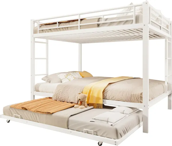 Etagenbett mit Gästebett, Lattenrost, Leiter und Rausfallschutz, 140x200cm, Kinderbett, Jugendbett, Metallbett