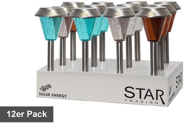 Bunte Solar-Leuchten ,Ibiza' zur Wegbeleuchtung, 12er Set, Farbmix, Edelstahl, Lichtsensor, H 29cm