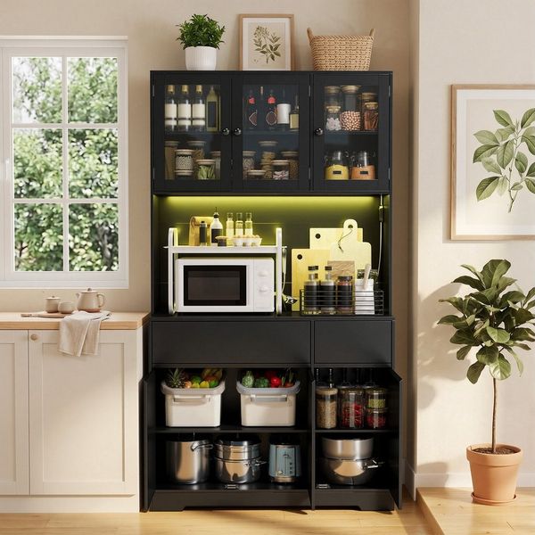 Bealife Sideboard Küchenschrank mit Arbeitsplatte und 2 Schubladen (Mit LED-Licht (farblich einstellbar) & Steckdose)