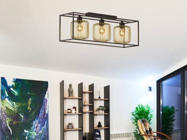 LED Deckenleuchte 3-flammig Schwarz Gold dimmbar über Schalter, Breite 83cm