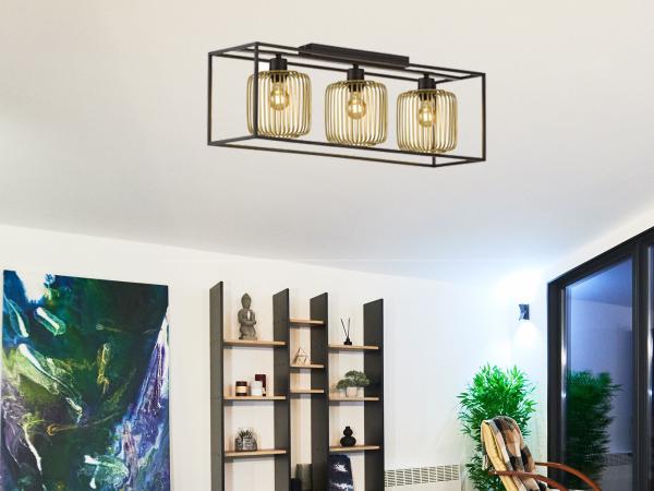 LED Deckenleuchte 3flammig Schwarz Gold dimmbar über Schalter, 83cm lang