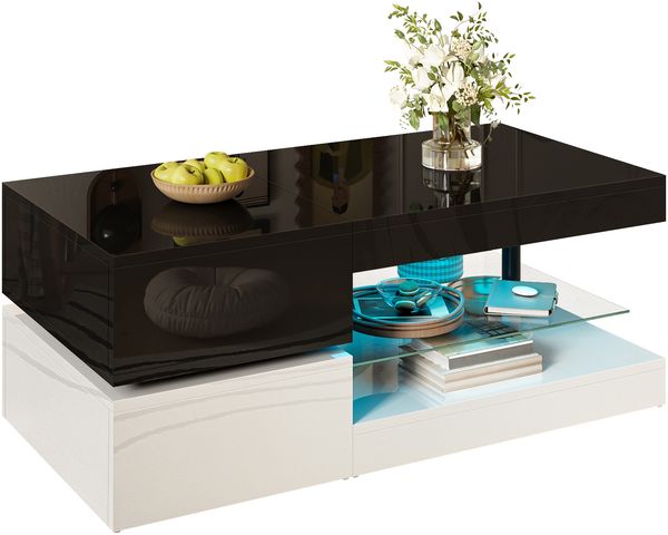 Moderner Couchtisch mit LED-Ambientebeleuchtung, APP- und Bluetooth-Steuerung, Glasablage & Hochglanz-Oberfläche, Schwarz-Weiß-Design für Wohnzimmer, 90x45x35,5 cm