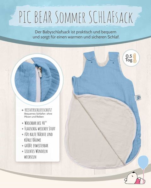 pic Bear Sommerschlafsack Musselin 62/68cm : 62/68 airy blue Musselin