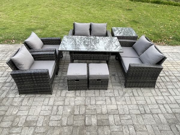 Fimous Rattan Gartenmöbel-Set 8 Sitzer Terrassen mit Länglicher Esstisch Doppelsitzsofa Beistelltisch 2 kleine Fußhockern Dunkelgrau gemischt