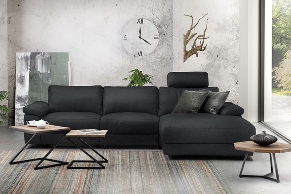 KAWOLA Sofa LOLA Ecksofa XL Leder schwarz mit motorischer Relaxfunktion Recamiere rechts 84 x 178 x 304 cm