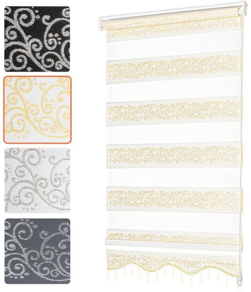Doppelrollo ohne Bohren, Doppelrollo für Fenster mit Muster, Bailena, Lichtschutz, ohne Bohren, freihängend, Klemmfix, Duo Rollos mit Perlen, glitzernd, Ranken Blumen Motiv