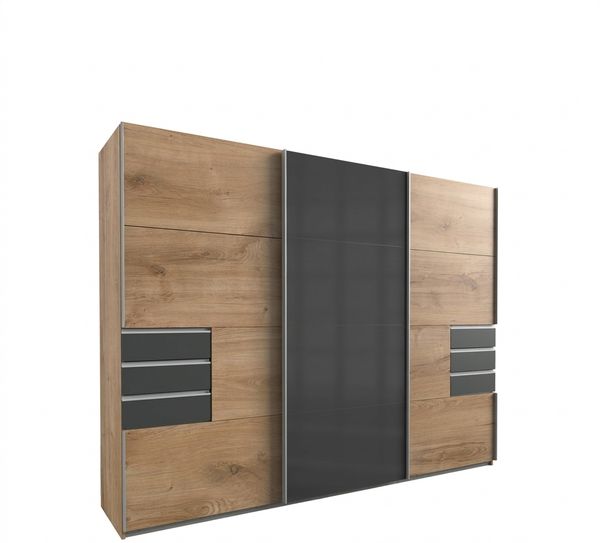 Schwebetürenschrank Kleiderschrank 3trg 270cm Eiche Dekor,Glas Grau Schubkästen
