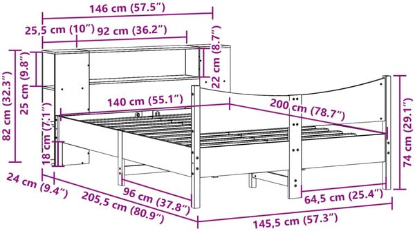 vidaXL Massivholzbett ohne Matratze Wachsbraun 140x200 cm Kiefernholz 3323301 Bild 11